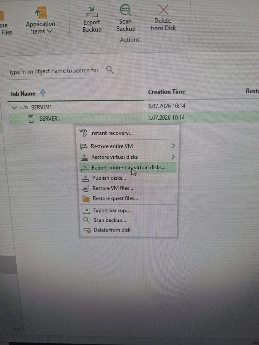 Sağ tık menüsü üzerinden Export content as virtual disks seçimi