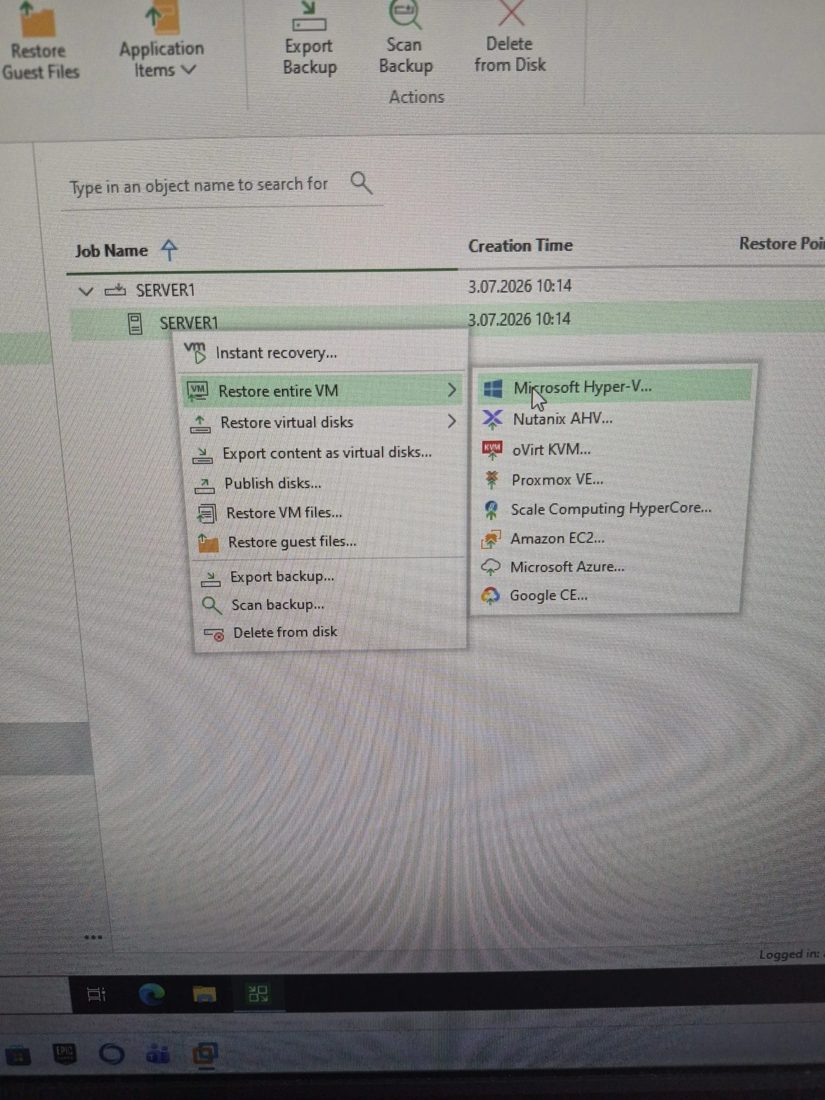 Sağ tık menüsü: Restore entire VM > Microsoft Hyper-V